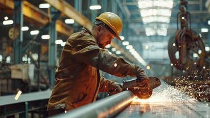 An industrial worker in a factory uses an angle grinder to cut a metal tube. The worker is wearing a hard hat and safety uniform as they manufacture metal structures for a contractor.