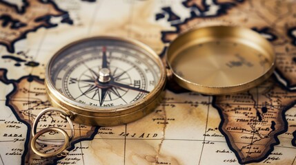 Antique compass rests on a world map, symbolizing adventure, exploration, and historical navigation.