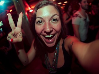 Young woman taking a selfie at a lively party showing a peace sign, with a blurred background of people.