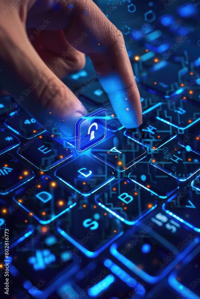 Poster close-up of a person pressing a button on a computer keyboard. useful for technology concepts