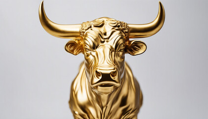 Golden statue of a muscled bull, isolated white background, copy space for text

