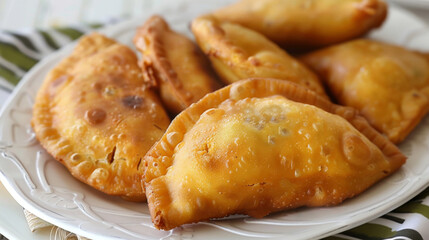 Delicious golden jamaican patties served on a white plate, showcasing traditional caribbean cuisine with a flaky pastry crust