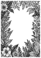 Botanical frame for use in graphics. Black and white line art. Flowers leaves in the illustration. Generated by Ai
