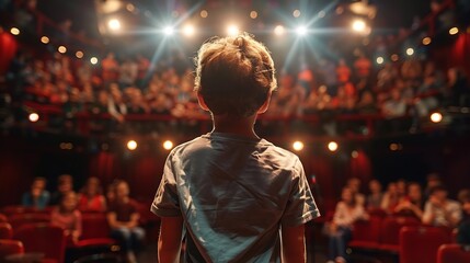 child seen from behind on a stage while he or she is entertaining a crowd. : Generative AI