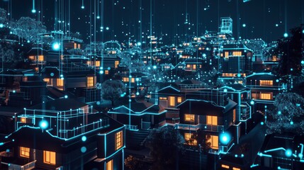 Aerial view of digital connections between houses in suburban neighborhood at night