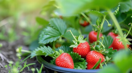 Ripe strawberries growing on the plant in the garden, closeup view