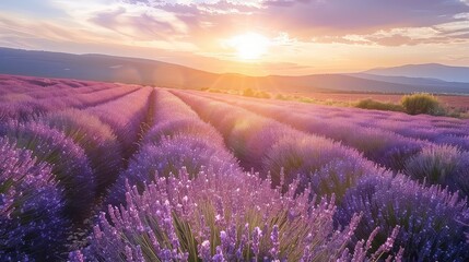 Obraz premium Morning glow in the lavender fields: Soft hues of sunrise cast a warm glow over rows of lavender, capturing the essence of summer. 