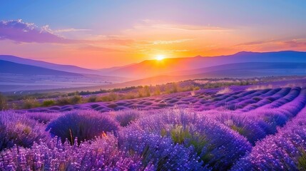 Morning magic in the lavender fields: Sunrise transforms the landscape into a sea of purple and gold, a scene of natural beauty. 