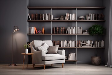 cozy home library interior with bookshelves and armchair, grey color scheme. AI generated