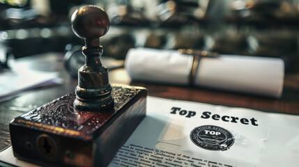 Top secret document with a vintage stamp on a desk, depicting concepts of confidentiality and security.