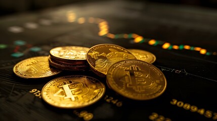gold coins with bitcoin on black background and stock chart in the back, trading concept with graphs