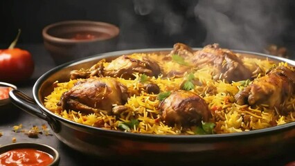 Chicken Biryani with Fragrant Basmati and Exotic Spices, food stock video, boryani video, festival food, seamless looping, 4k video looping, dinner stock videos, food recipes, youtube videos, stock ai