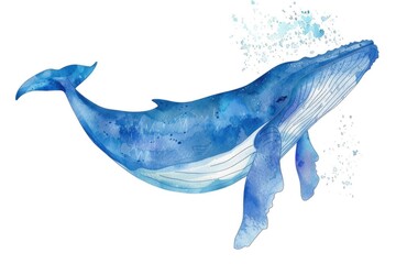Realistic watercolor painting of a majestic blue whale. Perfect for educational materials or ocean-themed designs