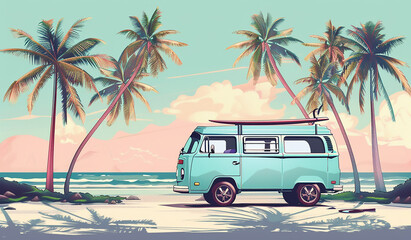 Vintage retro style blue van with surfboard on the roof parked near palm trees at a tropical beach, conveying a summer vacation concept. The van is parked in the style of tropical beach scenes