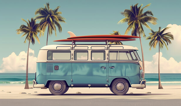 Vintage retro style blue van with surfboard on the roof parked near palm trees at a tropical beach, conveying a summer vacation concept. The van is parked in the style of tropical beach scenes