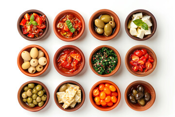 assortment of antipasti in bowls on white background, top view