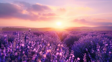Sunrise over purple paradise: Lavender fields come to life under the first light of dawn, a...
