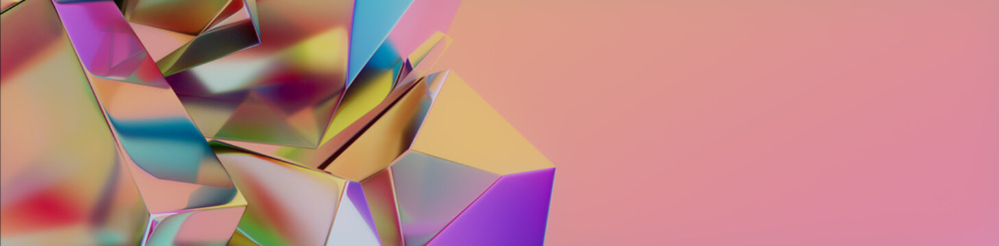 Modern Abstract Banner, with Refractive Crystal Shapes. Vibrant, Multicolored 3D Render with copy-space. 