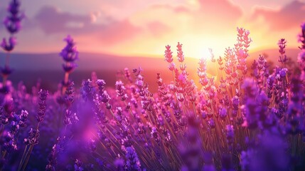 Sunrise symphony in purple: Lavender fields come alive with the first light of day, a breathtaking sight of summer beauty.