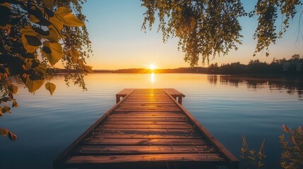 Sunset vista: A rustic wooden dock frames the serene beauty of the lake as the sun dips below the horizon, casting a warm glow. - Powered by Adobe