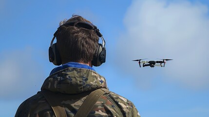 Soldier in military uniform wearing headset and goggles observing a drone aircraft