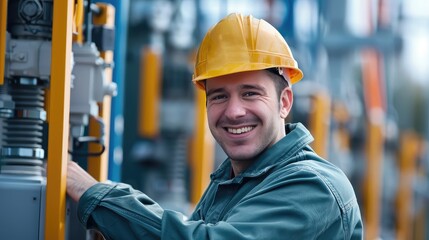 System reliability: A male electrician smiles with confidence as he performs routine checks and inspections at the electrical substation. 