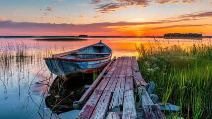 Fototapeta premium Tranquil evening by the lake: A traditional boat rests by the weathered wooden dock, as the sunset paints the sky in shades of orange and pink.