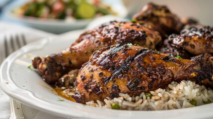 Traditional jamaican jerk chicken with rice and peas, topped with fresh herbs, presented on a white platter