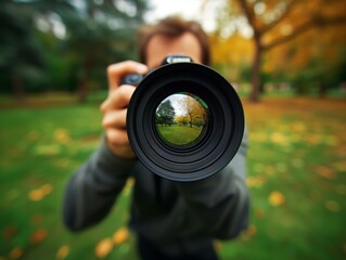 A photographer's camera lens focused, revealing a crisp autumn park scene within, set against a blurred background.
