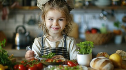 A toddler in a chefs hat is chopping vegetables on a cutting board, preparing natural foods for a recipe. She enjoys cooking and sharing her cuisine AIG50