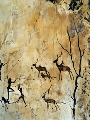 Cave Painting of Prehistoric Hunting Scene in Natural Environment