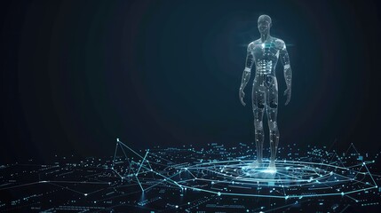 A futuristic visualization showcasing a robot with artificial intelligence, featuring biometric scanning and 3D scanning capabilities in a polygon vector wireframe concept.