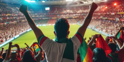 A fan at a soccer stadium excitedly raises his arms, immersed in the thrilling World competition event surrounded by lush green grass. AIG41