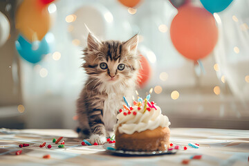 cat with birthday cake and candles. Generative AI