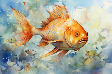 Watercolor golden fish in underwater world.