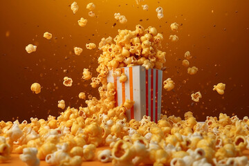 Popcorn in striped paper cup standing in popcorn heap .
