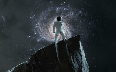 Obraz premium 3D illustration of astronaut and realistic galaxy in deep space. High quality digital space art in 5K - realistic visualization