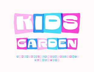 Vector colorful Emblem Kids Garden. Creative Font for Children. Bright Alphabet Letters, Numbers and Symbols. 