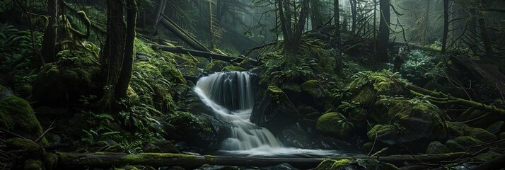 a serene forest waterfall cascading over lush green moss