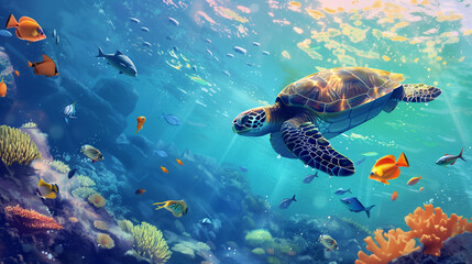 Fototapeta premium turtle and fish swim underwater. By looking from the side.