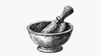 Illustration of a mortar and a wooden spoon, suitable for culinary designs