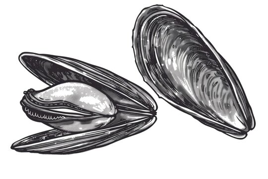 Close-up of a mussel and a shell on a plain white background. Suitable for marine themes and seafood concepts