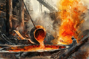 Watercolor painting of fire pouring out of a pot, perfect for artistic projects - obrazy, fototapety, plakaty