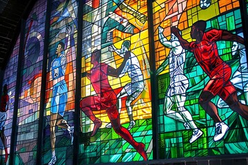 A stained glass window effect with sports themes.