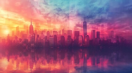 Dynamic cityscape with skyscrapers silhouetted against a colorful sunset