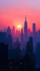 Sunrise over city skyline, viewed from highrise, behindthescenes, hopeful ambiance