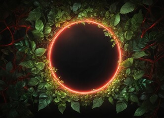 A red neon circle is framed by a ring of green leaves on a dark background.