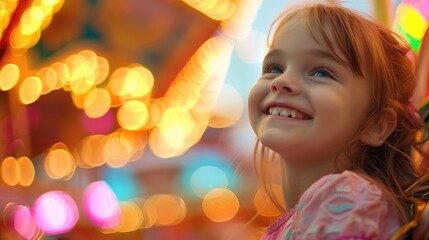 A smiling little girl gazes up at the ferris wheel with wonder, her nose twitching with excitement. Cheeks flushed with joy, eyelashes fluttering. The carnival is a fun event full of entertainment