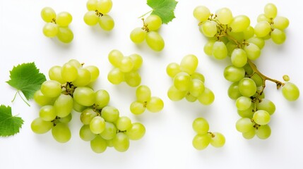 Green grapes and half sliced isolated on white background. Top view. Flat lay. Grape pattern...