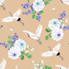 Fototapeta premium Seamless background with lavender, chrysanthemum and cranes